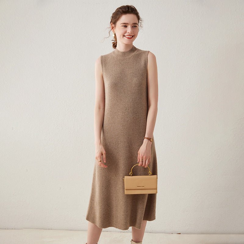 Womens Sleeveless Cashmere Dress Mock Neck Cashmere Knit Midi Dress Taupe XS
