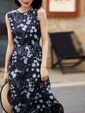 Womens Sleeveless Silk Midi Dress Abstract Floral Print Long Silk Dress