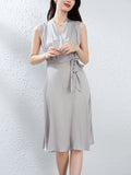 Womens Sleeveless Silk Midi Dress V Neck Silk Wrap Dress with Waist Tie Gray XS