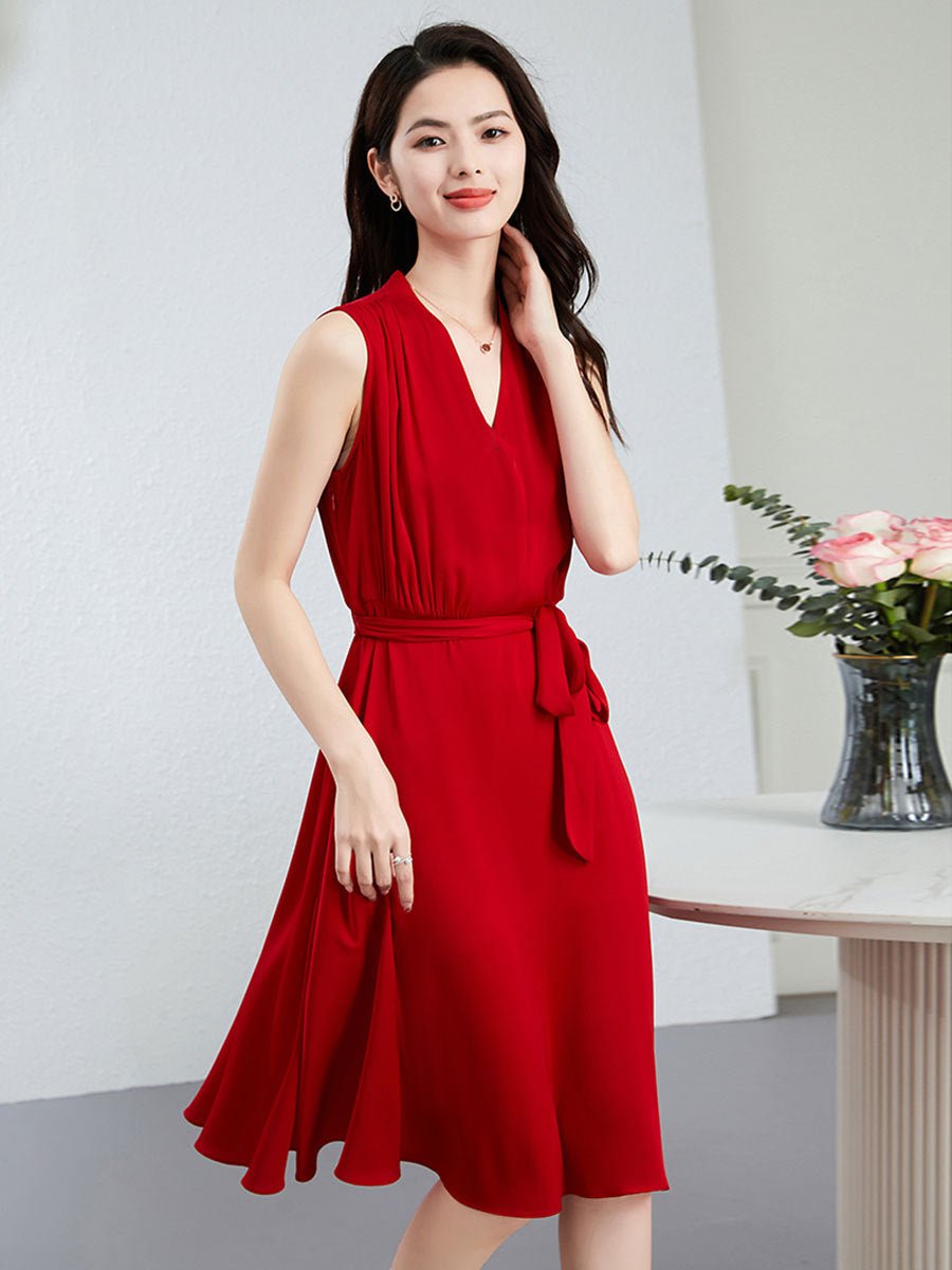 Womens Sleeveless Silk Midi Dress V Neck Silk Wrap Dress with Waist Tie Red XS
