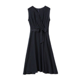 Womens Sleeveless Silk Wrap Midi Dress Flowing Hem Silk Dress