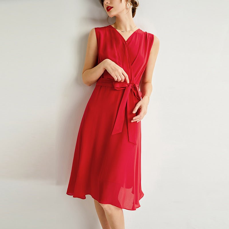 Womens Sleeveless Silk Wrap Midi Dress Flowing Hem Silk Dress