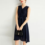 Womens Sleeveless Silk Wrap Midi Dress Flowing Hem Silk Dress