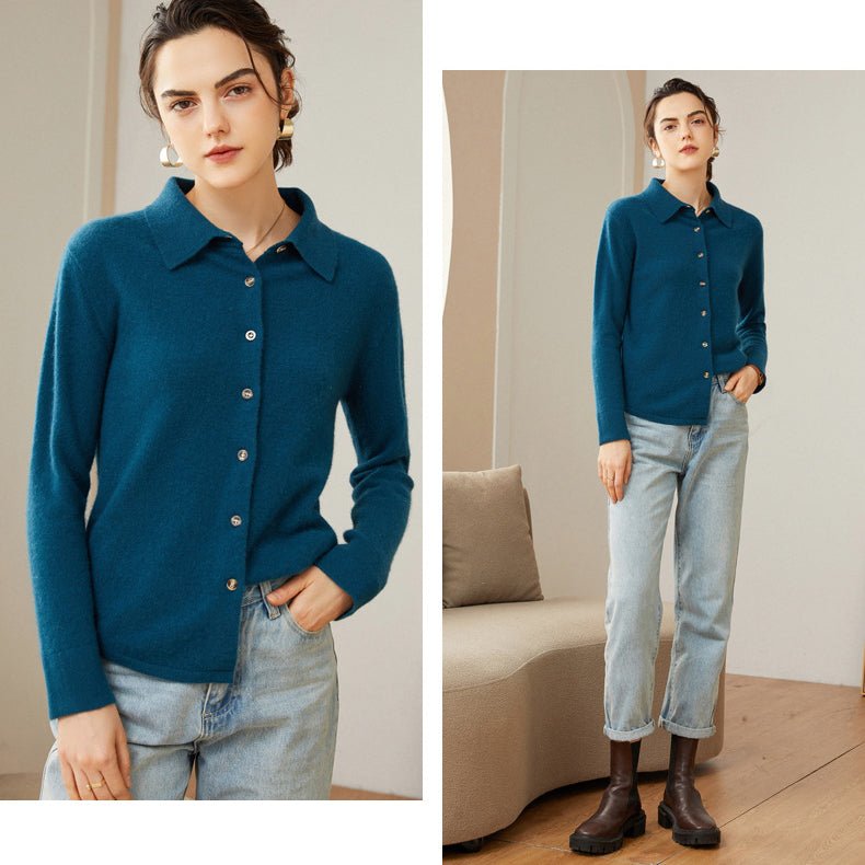 Womens Classic Button - Up Lapel Neck Cashmere Cardigan Ribbed Cuffs