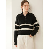 Womens Striped Cashmere Sweater Polo Collar Half-Zip Cashmere Pullover Black XS