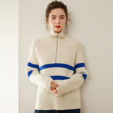 Womens Striped Cashmere Sweater Polo Collar Half-Zip Cashmere Pullover Ivory XS