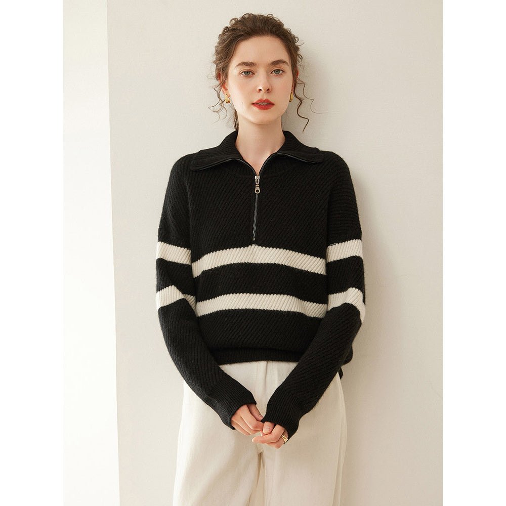 Womens Striped Cashmere Sweater Polo Collar Half-Zip Cashmere Pullover Black XS