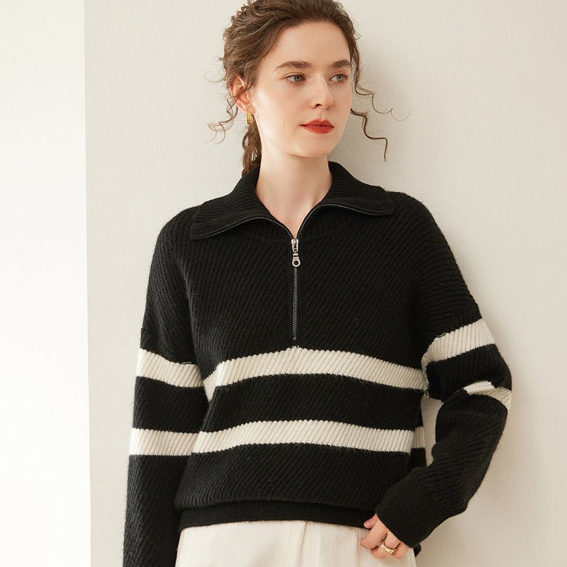 Womens Striped Cashmere Sweater Polo Collar Half-Zip Cashmere Pullover Black XS