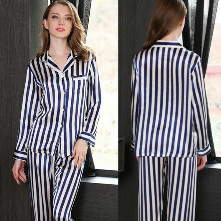 Womens Striped Long Sleeve Silk Pajamas Set