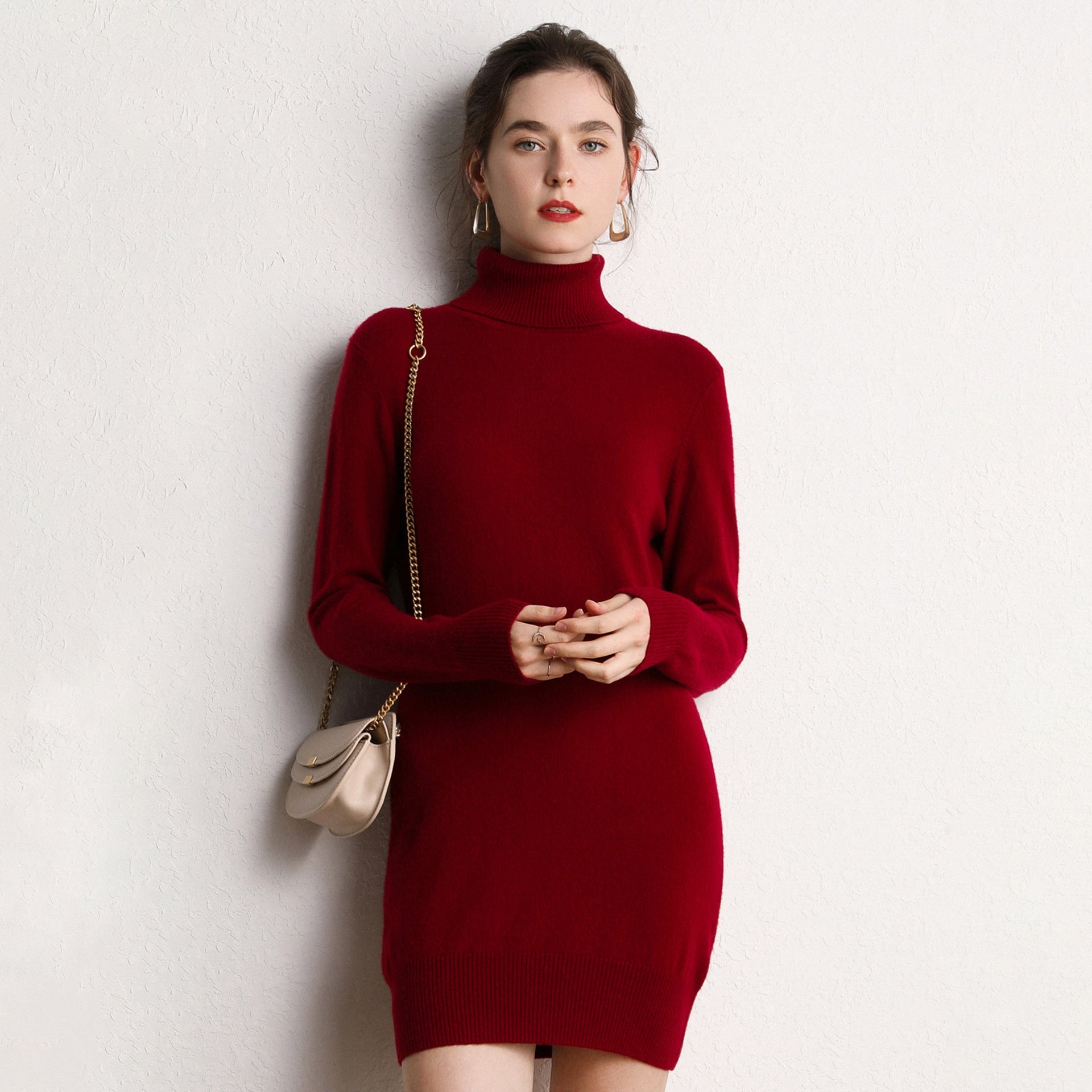 Womens Turtleneck Cashmere Dress Long Sleeve Knit Mini Sweater Dress Claret XS