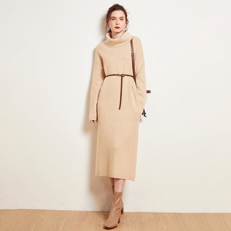 Womens Cashmere Knit Midi Dress Long Sleeve Cowl Neck Turtleneck Dress