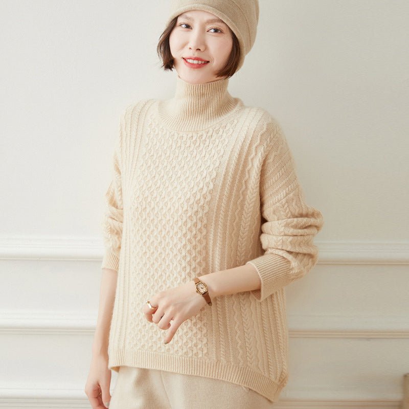 Womens Turtleneck Cashmere Sweater Cable - Knitted Drop Sleeve Pullover