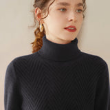 Womens Turtleneck Cashmere Sweater Chevron Knit Cashmere Pullover Black Gray XS