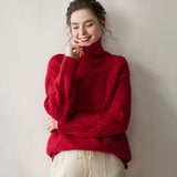 Womens Turtleneck Cashmere Sweater Diamond Cable Knit Cashmere Pullover Red XS