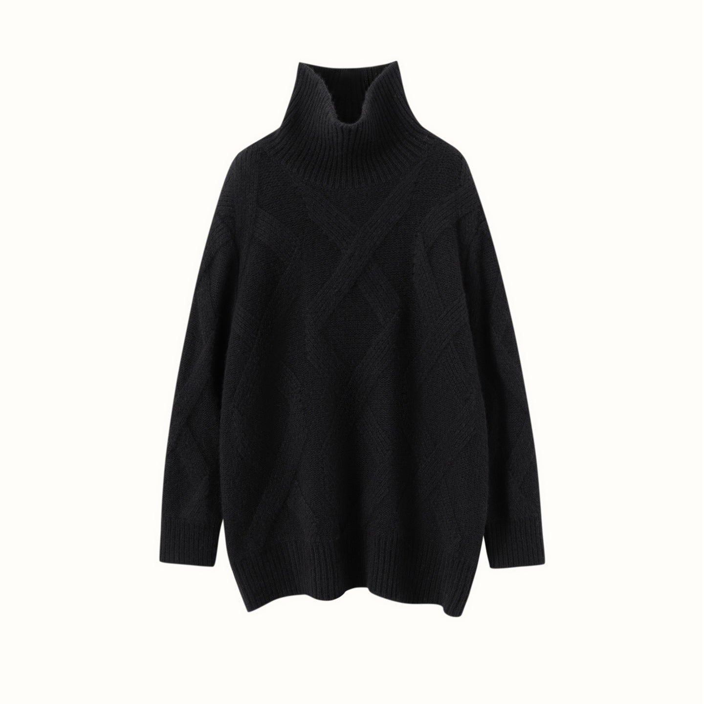 Womens Turtleneck Cashmere Sweater Diamond Cable Knit Cashmere Pullover Black XS