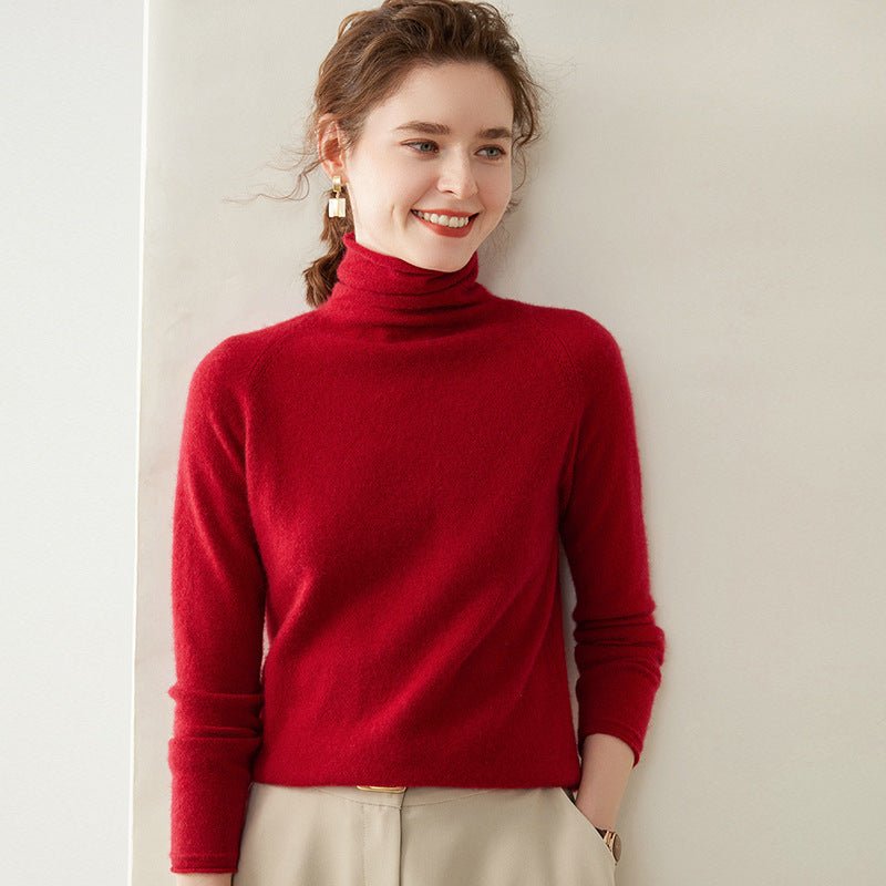Womens Turtleneck Cashmere Sweater Long Sleeve Cashmere Knit Pullover Claret XS