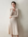 Womens V Neck Cashmere Dress Ribbed Knit Long Sleeve Cashmere Maxi Dress Beige XS