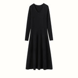 Womens V Neck Cashmere Dress Ribbed Knit Long Sleeve Cashmere Maxi Dress Black XS
