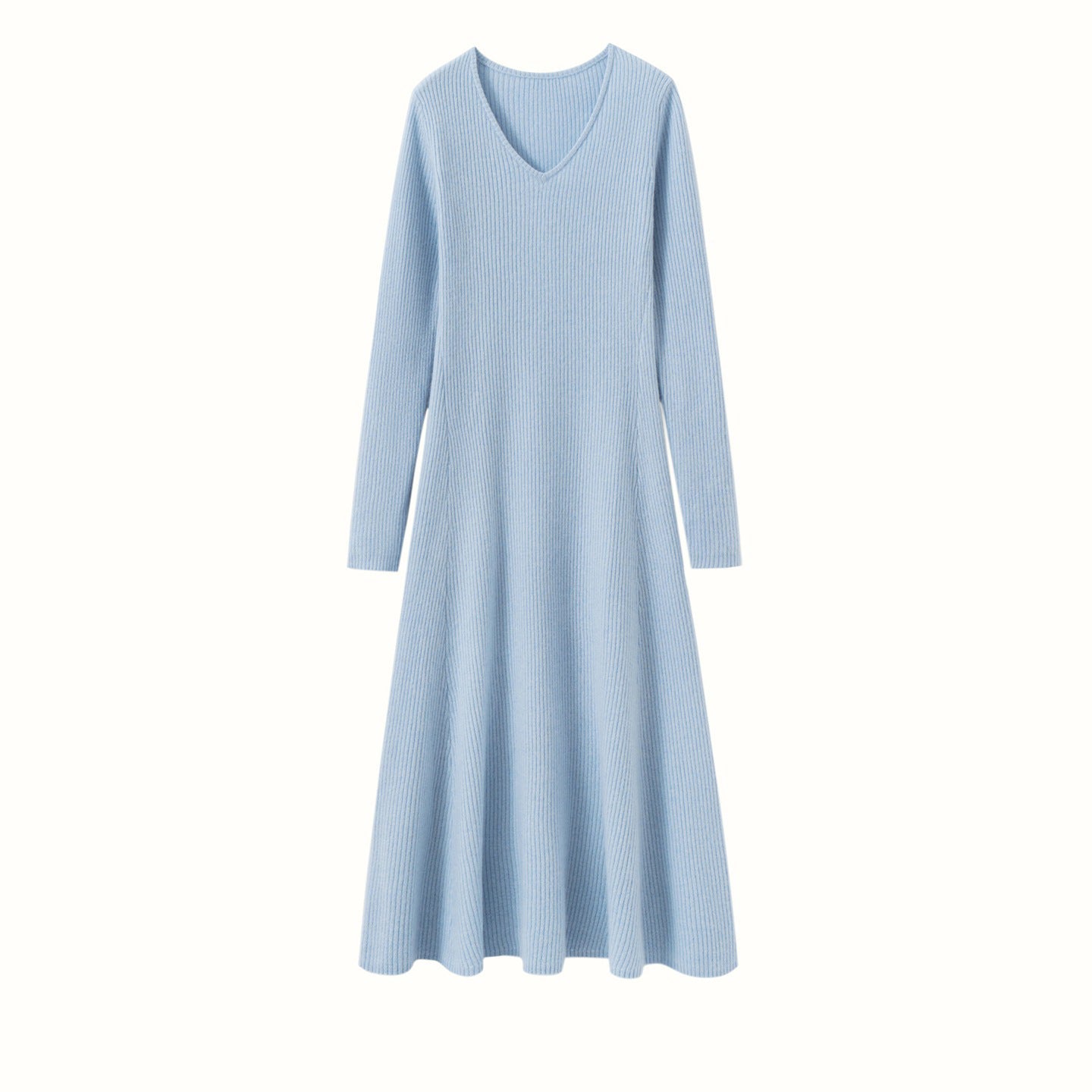 Womens V Neck Cashmere Dress Ribbed Knit Long Sleeve Cashmere Maxi Dress Blue XS