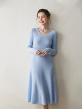 Womens V Neck Cashmere Dress Ribbed Knit Long Sleeve Cashmere Maxi Dress Blue XS