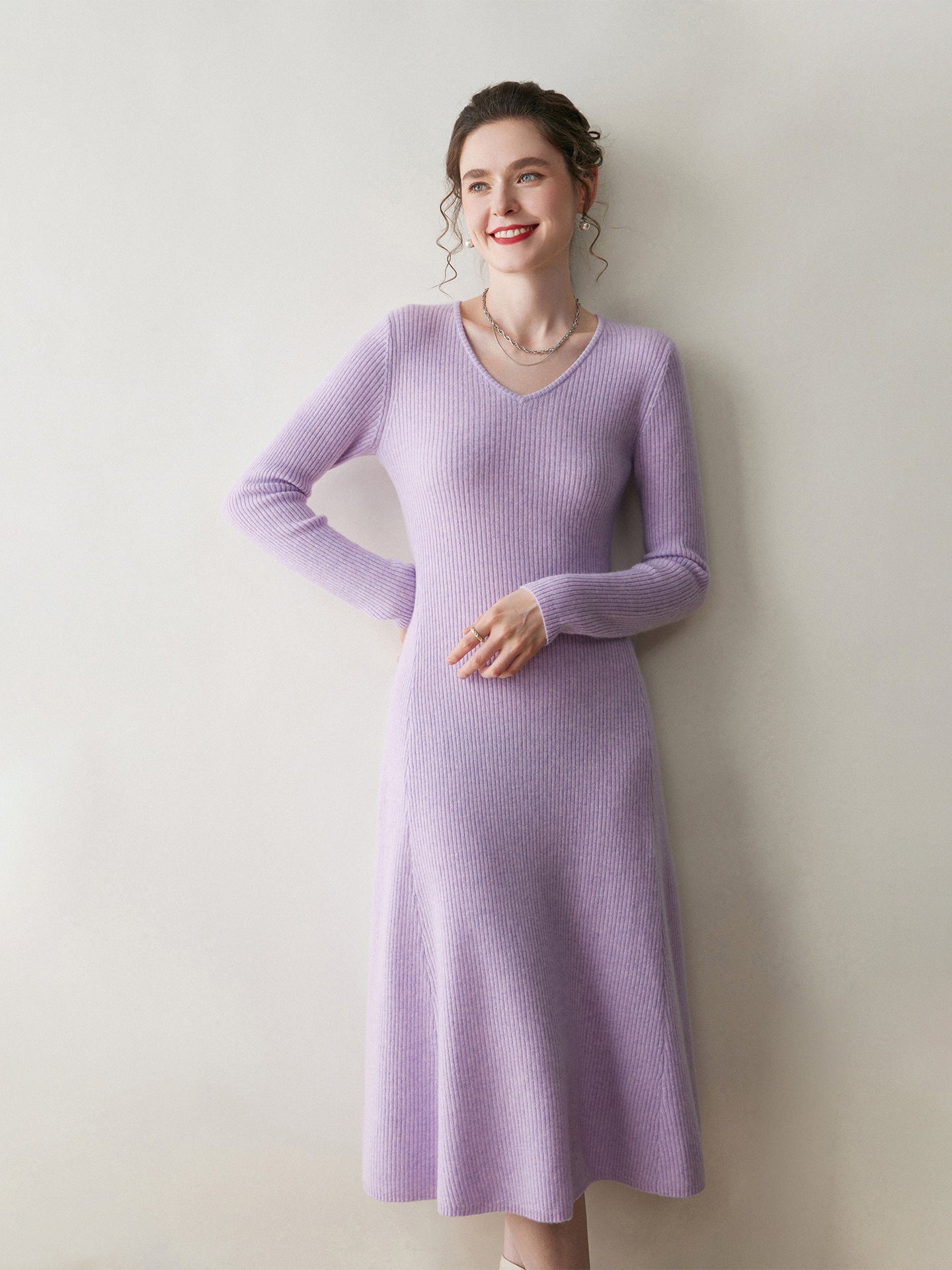 Womens V Neck Cashmere Dress Ribbed Knit Long Sleeve Cashmere Maxi Dress Purple XS