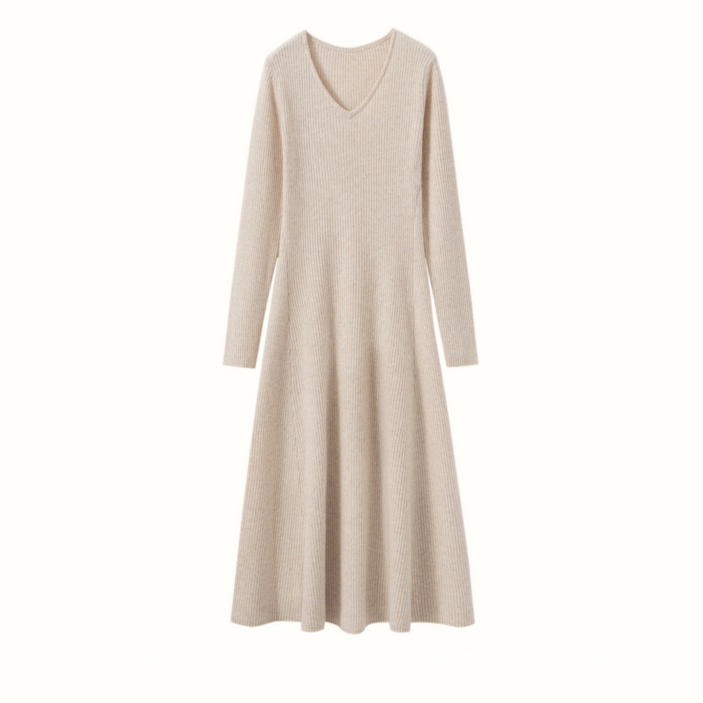 Womens V Neck Cashmere Dress Ribbed Knit Long Sleeve Cashmere Maxi Dress Beige XS