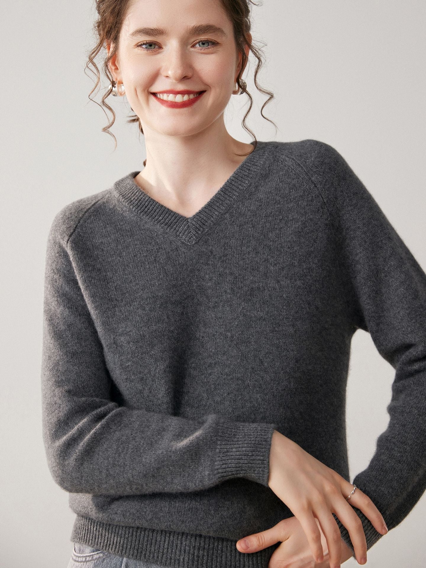 Womens V Neck Cashmere Sweater Long Sleeve Cashmere Knit Pullover Black XS