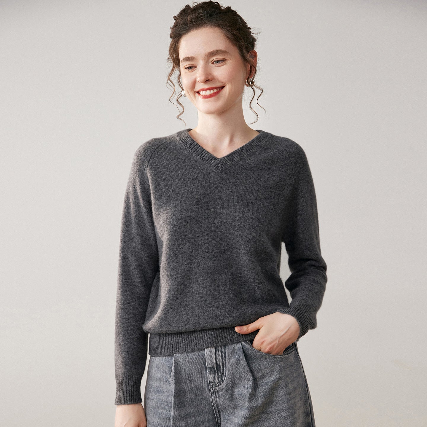 Womens V Neck Cashmere Sweater Long Sleeve Cashmere Knit Pullover Dark Gray XS