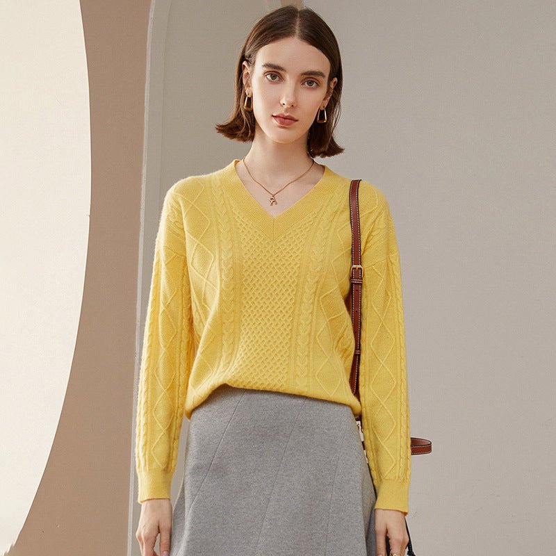 Womens V Necked Cashmere Pullover Cable - Knitted Cashmere Sweater
