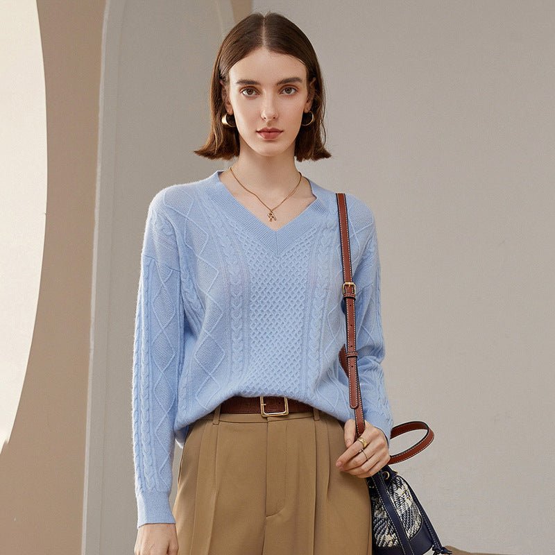 Womens V Necked Cashmere Pullover Cable - Knitted Cashmere Sweater