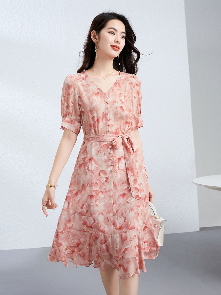 Womens Watercolor Print Silk Dress Ruffle Hem V Neck Silk Midi Dress with Waist Tie Pink XS