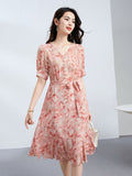 Womens Watercolor Print Silk Dress Ruffle Hem V Neck Silk Midi Dress with Waist Tie Pink XS