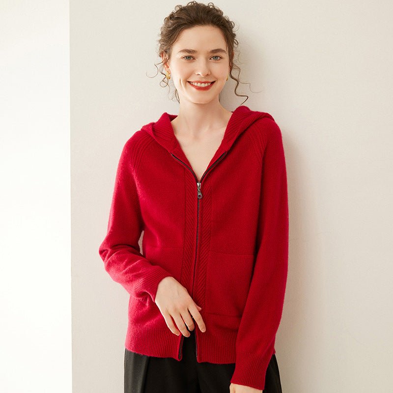 Womens Zip Up Cashmere Hoodie Cashmere Cardigan Long Sleeve Knit Sweater Red XS
