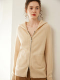 Womens Zip Up Cashmere Hoodie Cashmere Cardigan Long Sleeve Knit Sweater Beige XS