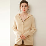 Womens Zip Up Cashmere Hoodie Cashmere Cardigan Long Sleeve Knit Sweater Beige XS