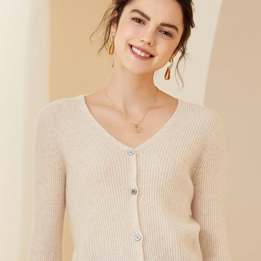 Women's V-Neck Button Cashmere Cardigan Long Sleeve Cashmere Cardigan - slipintosoft