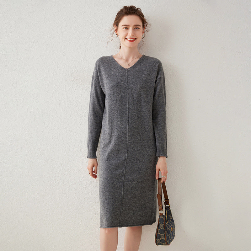 Women's Long Sleeve Cashmere Dresses V Neck Knitted Cashmere Sweater Dress - slipintosoft