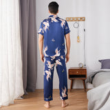 Herren-Seiden-Pyjama-Set mit Knopfleiste, kurzen Ärmeln, bedruckter Seiden-Nachtwäsche und langen Hosen