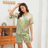 Women's Short Floral Print Silk Pajamas Set Sleepwear