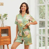 Women's Short Floral Print Silk Pajamas Set Sleepwear