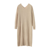 Women's Long Sleeve Cashmere Dresses V Neck Knitted Cashmere Sweater Dress - slipintosoft