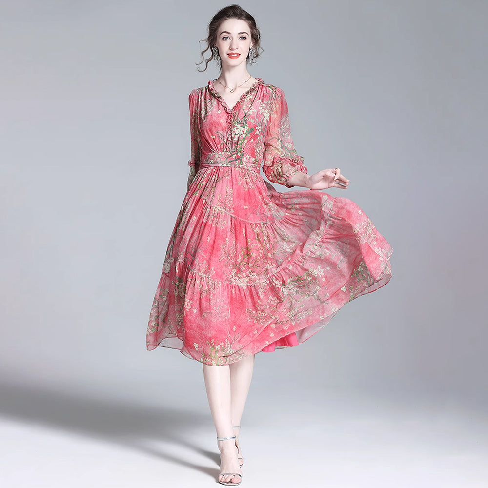 Rose Rot Blumenseide Midi Kleid mit gekräuselten V-Ausschnitt Frauen Seidenkleidern