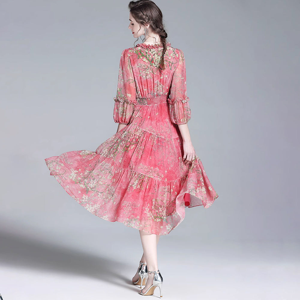 Rose Rot Blumenseide Midi Kleid mit gekräuselten V-Ausschnitt Frauen Seidenkleidern