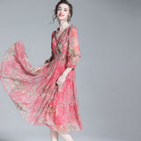 Rose Rot Blumenseide Midi Kleid mit gekräuselten V-Ausschnitt Frauen Seidenkleidern