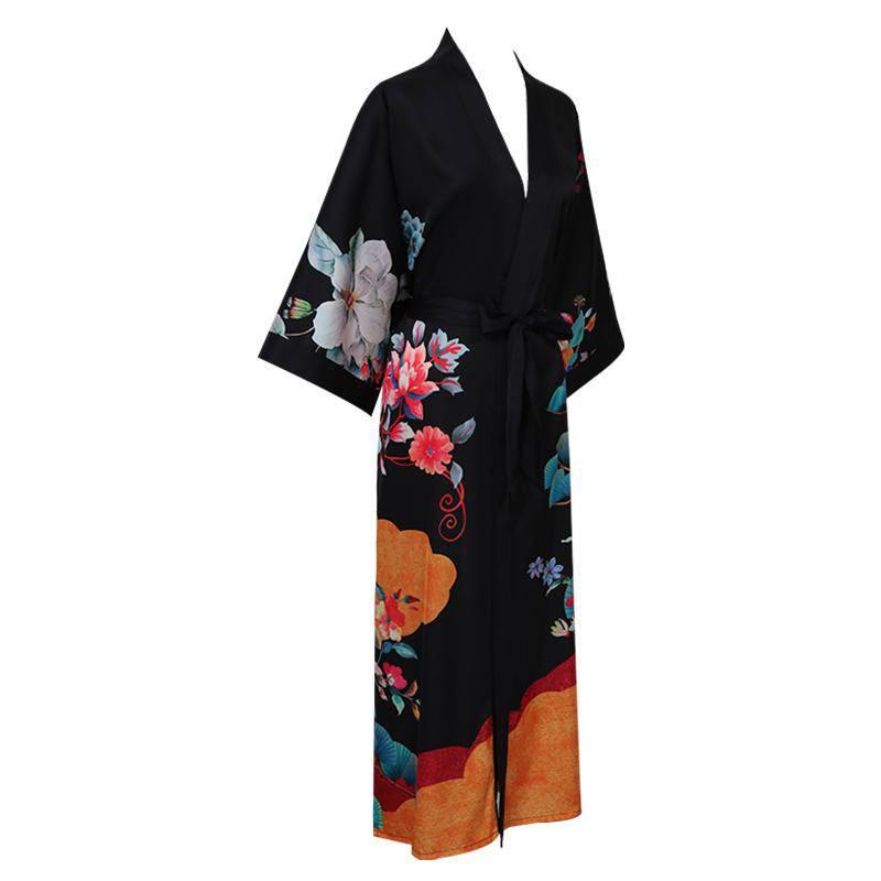 Ladies' Mulberry Silk Kimono Robe Delicate Hand Painted Cherry Blossom Elegant Nightwear - slipintosoft