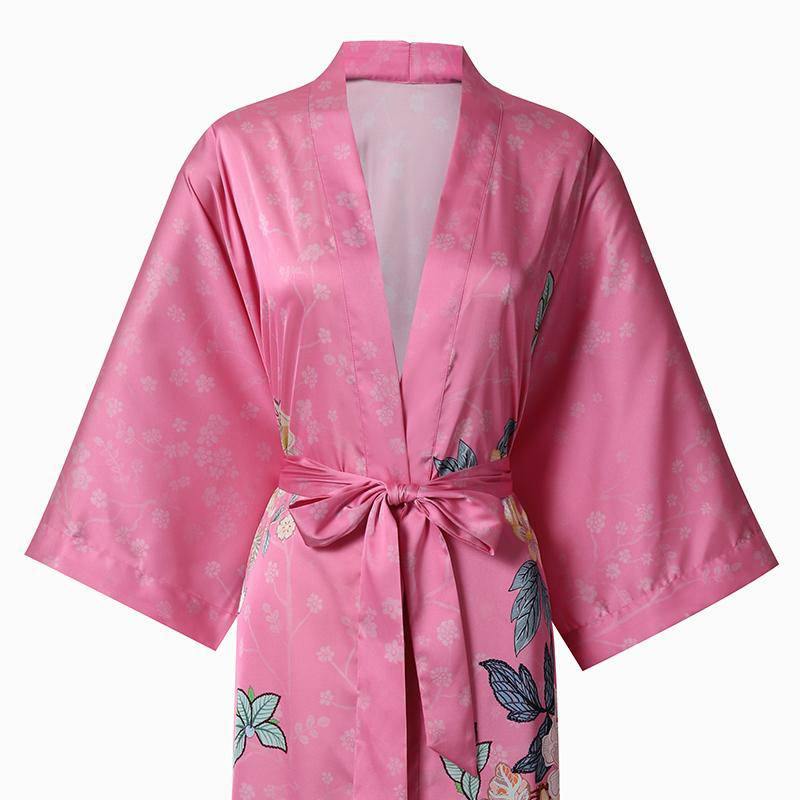 Luxury Long Silk Kimono Robe Hand Painted Cherry Blossom and Leaves - slipintosoft