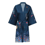 Ladies Short 100% Silk Kimono Robe Crane Printing Women Nightwear Spa Bathrobe - slipintosoft