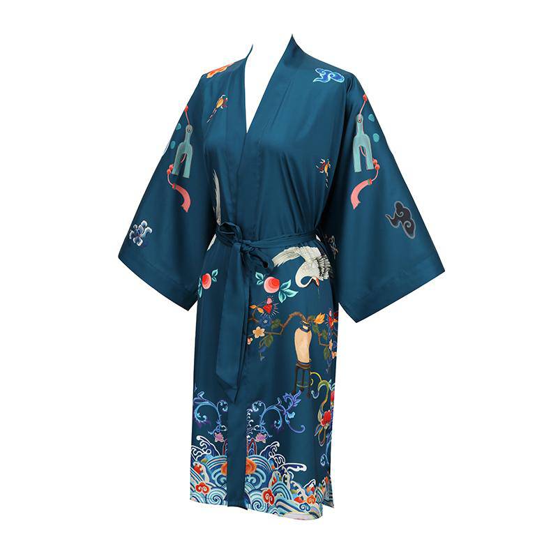 Ladies Short 100% Silk Kimono Robe Crane Printing Women Nightwear Spa Bathrobe - slipintosoft