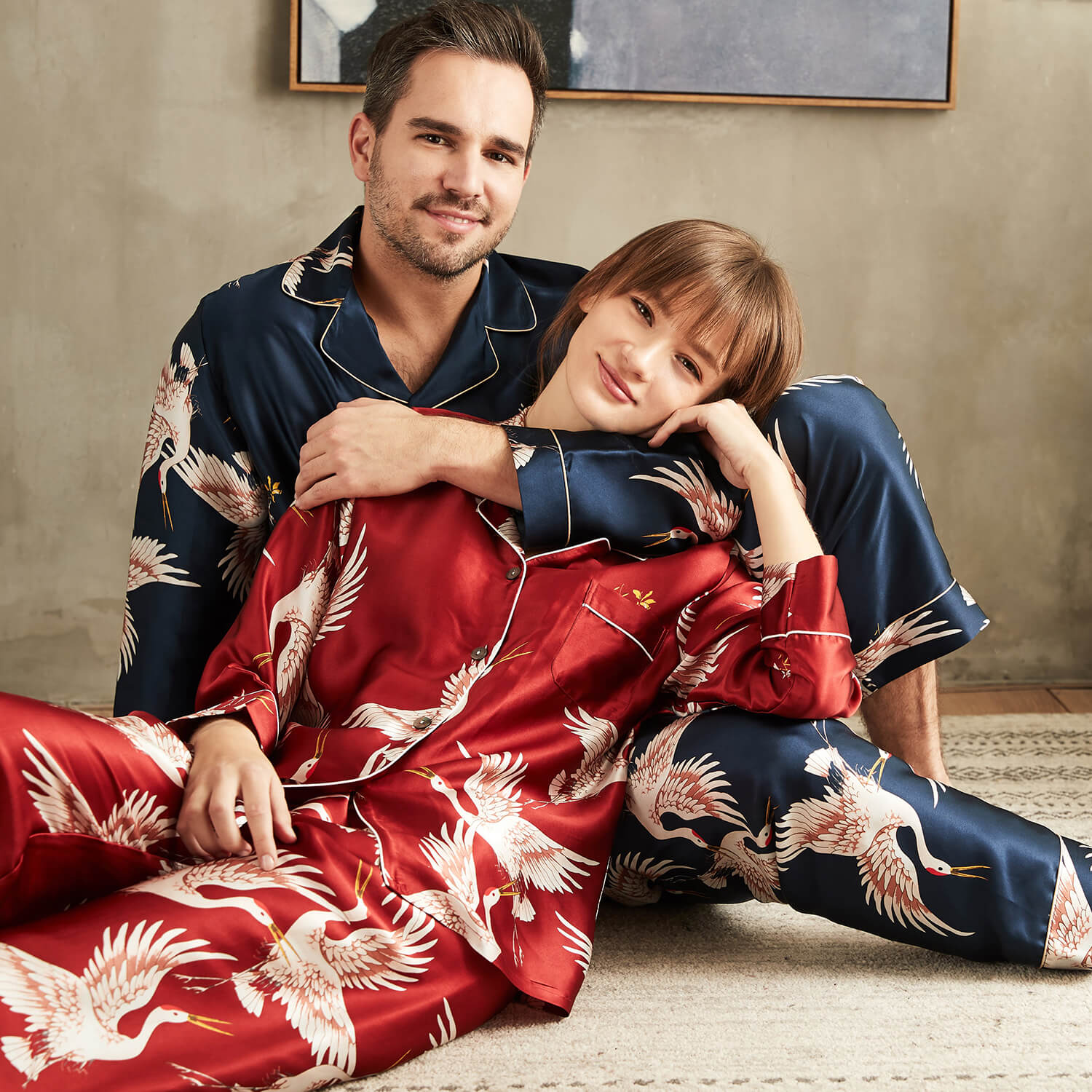 Luxuriöses bedrucktes Seidenpyjama-Set für Paare mit langen Ärmeln, Nachtwäsche, passender Seidenpyjama