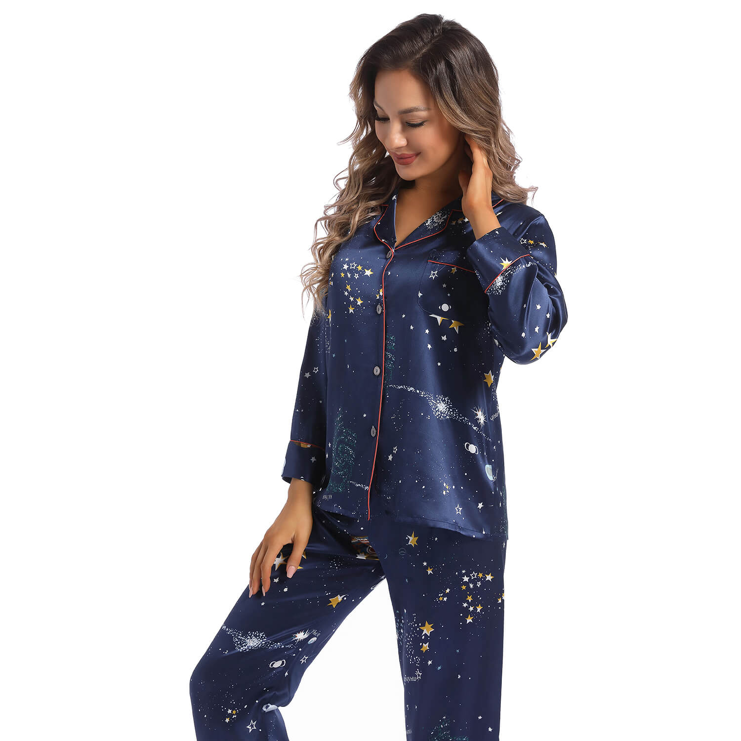 Zweiteiliges Damen-Pyjama-Set aus langer Seide, beste Qualität, bedruckter Seiden-PJS